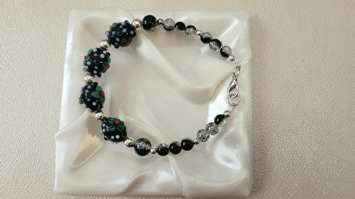 Black Floral Lampwork Glass Bead Bracelet