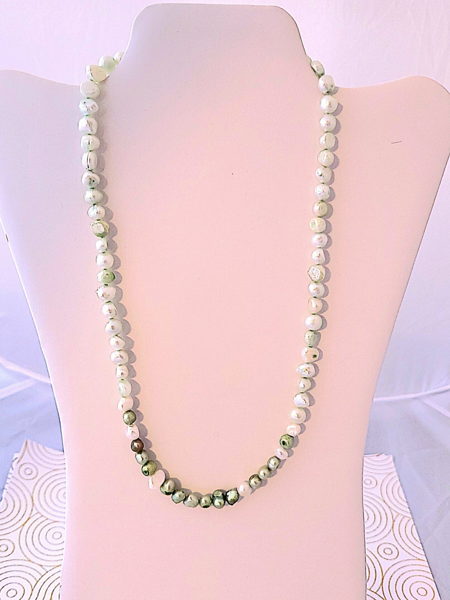 Green And White Pearl Necklace - Strings Handmade