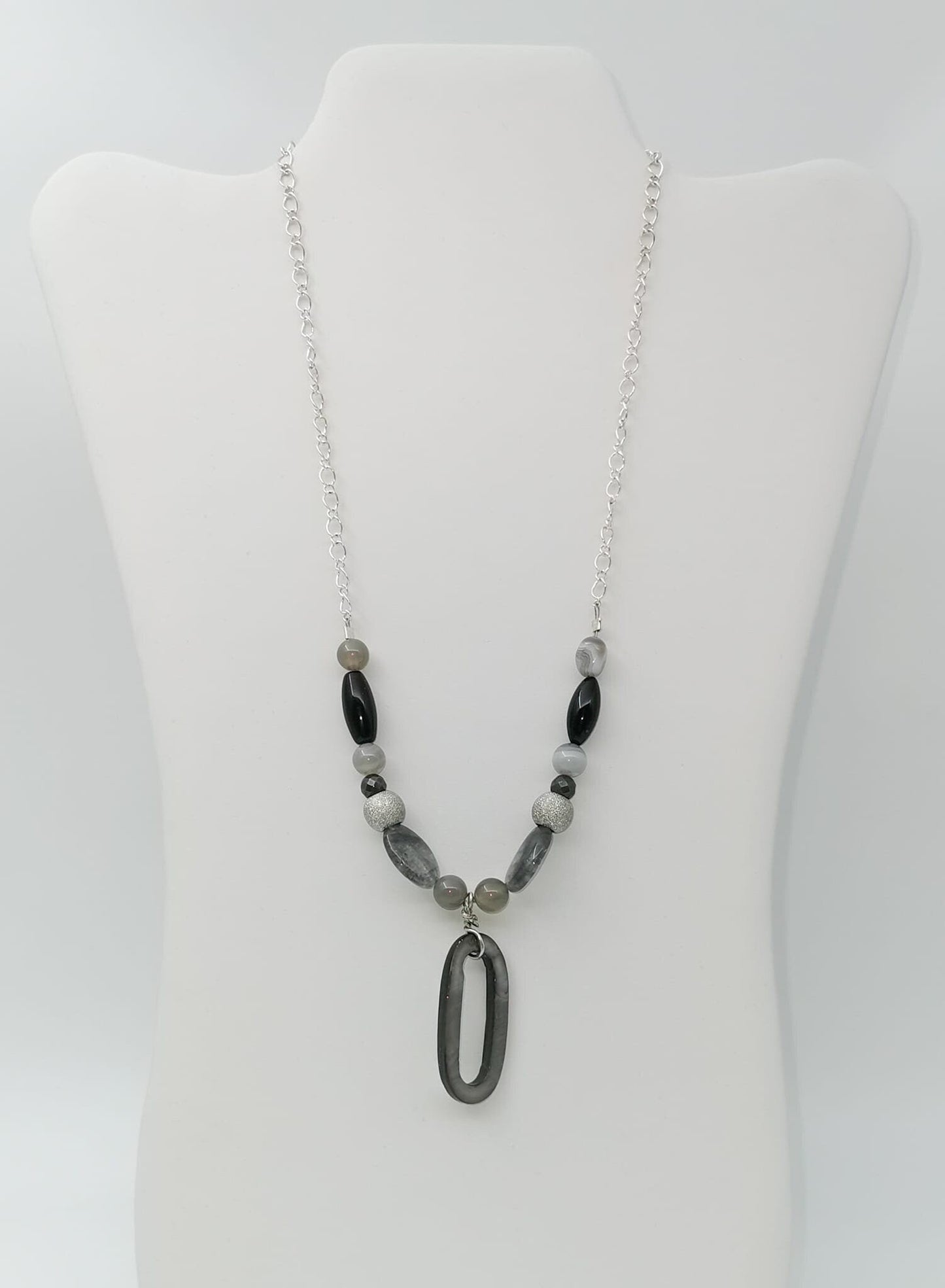 Grey Agate And Black Onyx Necklace With Pendant - Strings Handmade