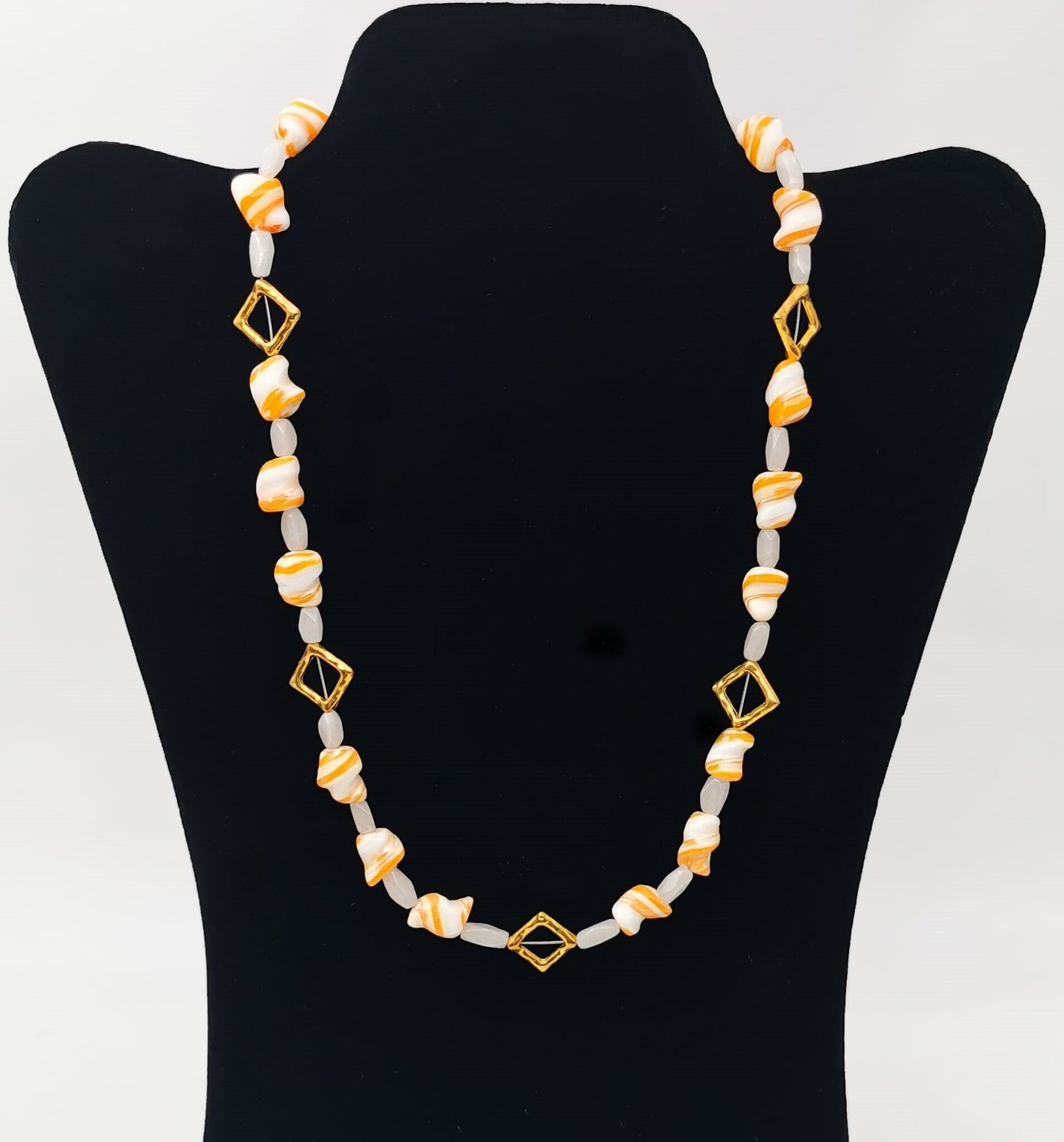 Orange Glass Beads And White Agate Necklace - Strings Handmade