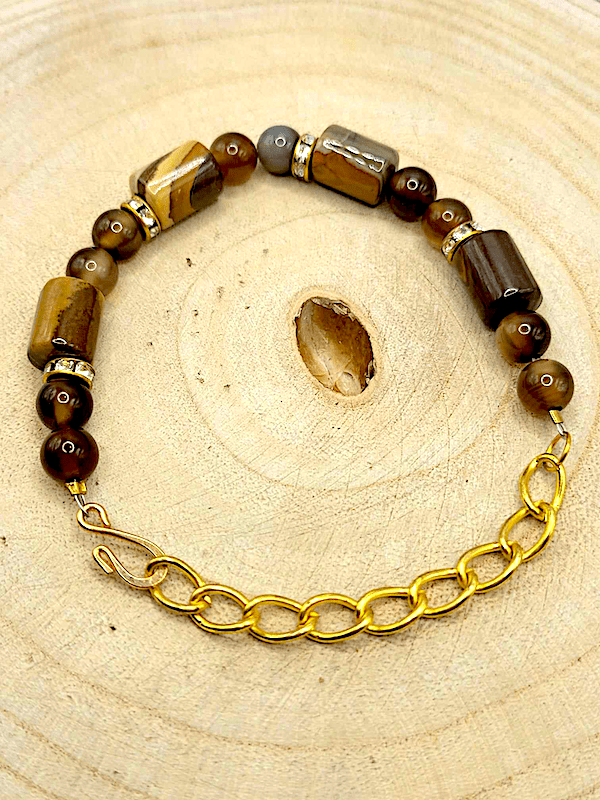 Striped Brown Agate And Gold Tone Bracelet - Strings Handmade