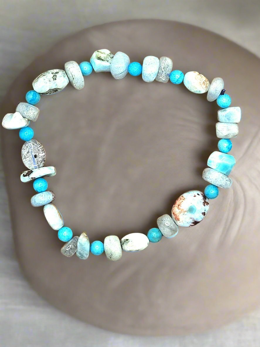 Aquamarine, Larimar, And Magnesite Stretch Bracelet - Strings Handmade