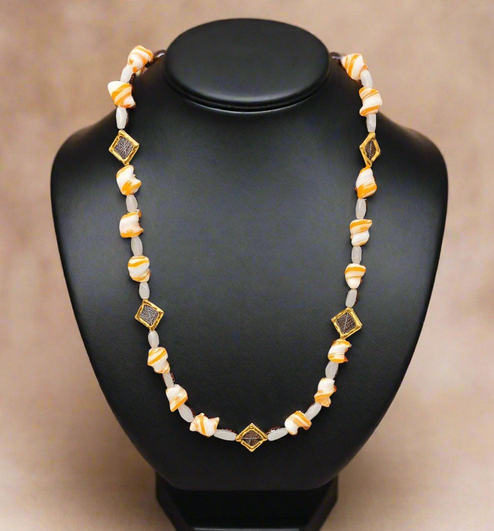 Orange Glass Beads And White Agate Necklace - Strings Handmade