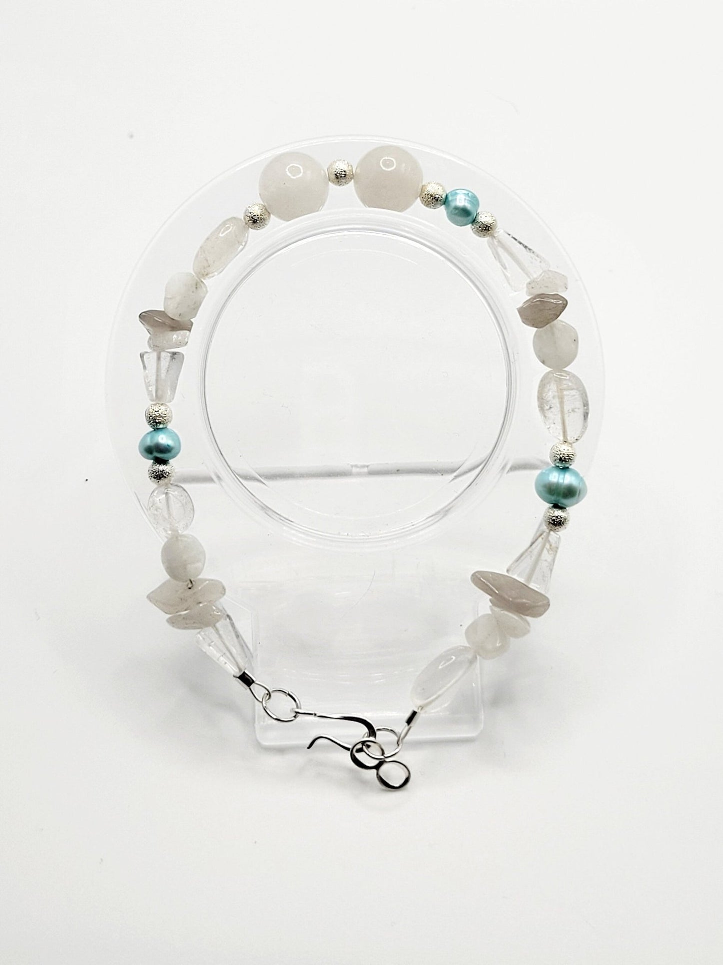 White Agate, Clear Quartz, And Pearl Bracelet - Strings Handmade