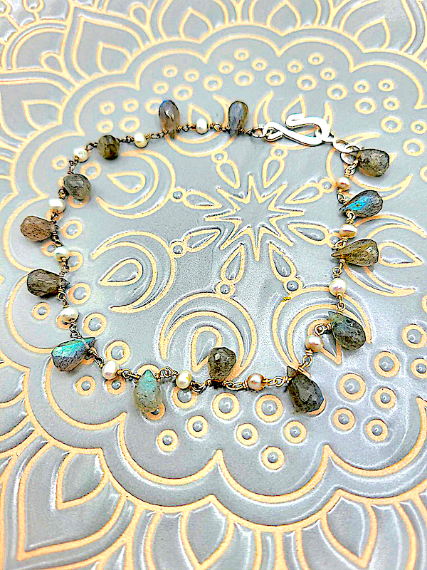 Labradorite And Silver Tone Charm Bracelet