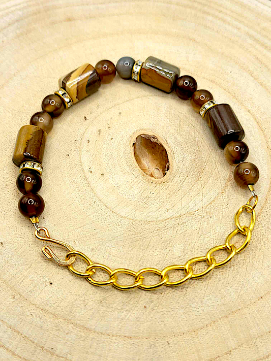 Striped Brown Agate And Gold Tone  Bracelet