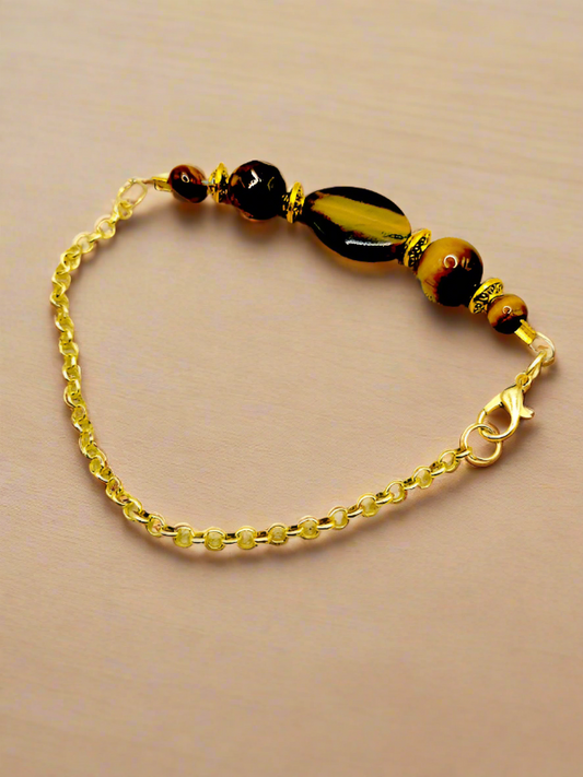 Tiger's Eye And Gold Tone Bracelet