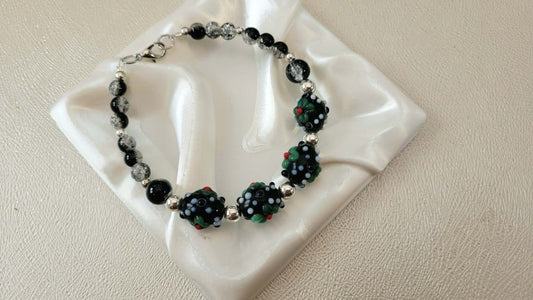 Black Floral Lampwork Glass Bead Bracelet