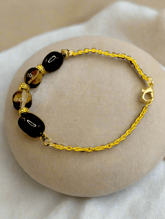 Gold Tone Bracelet With Brown Agate And Gold Tone Spacer Beads - Strings Handmade
