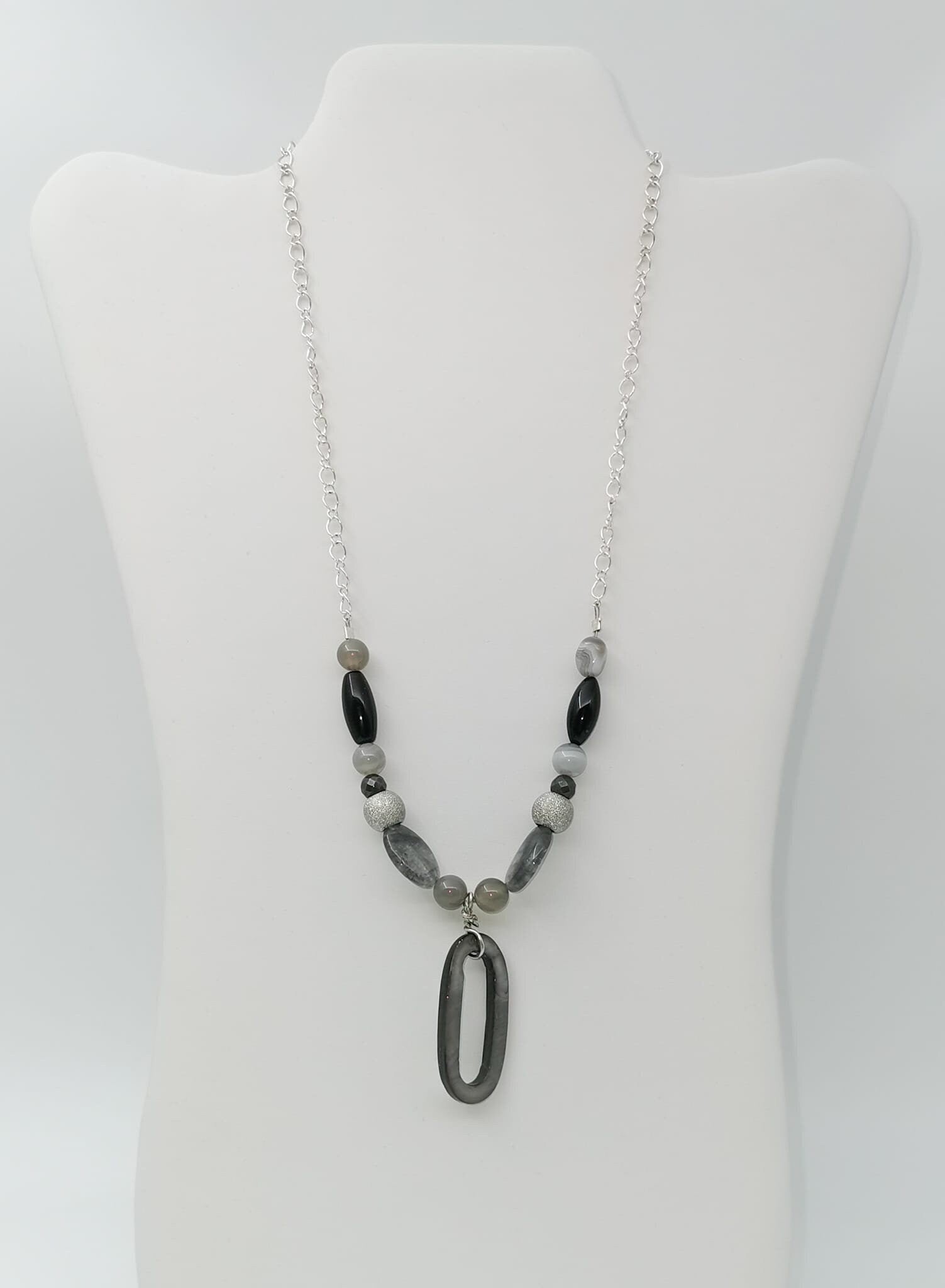 Grey Agate And Black Onyx Necklace With Pendant - Strings Handmade