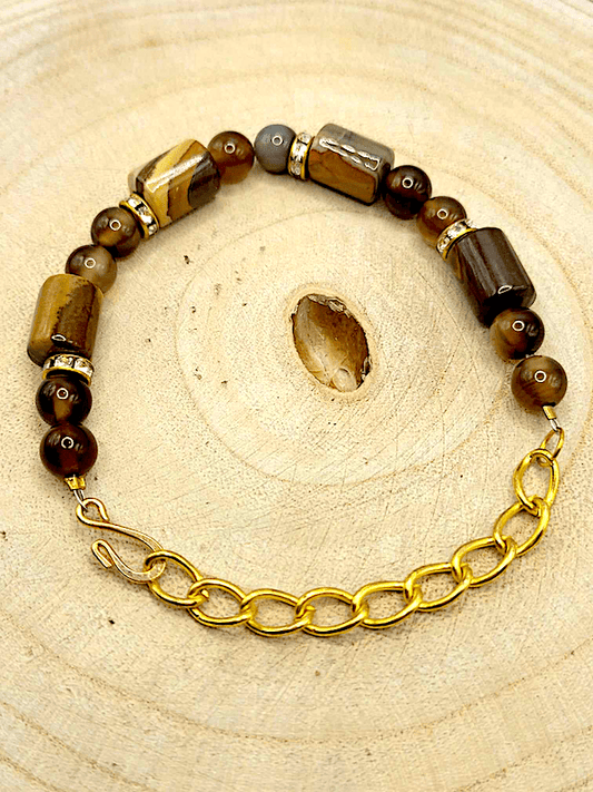 Striped Brown Agate And Gold Tone Bracelet - Strings Handmade