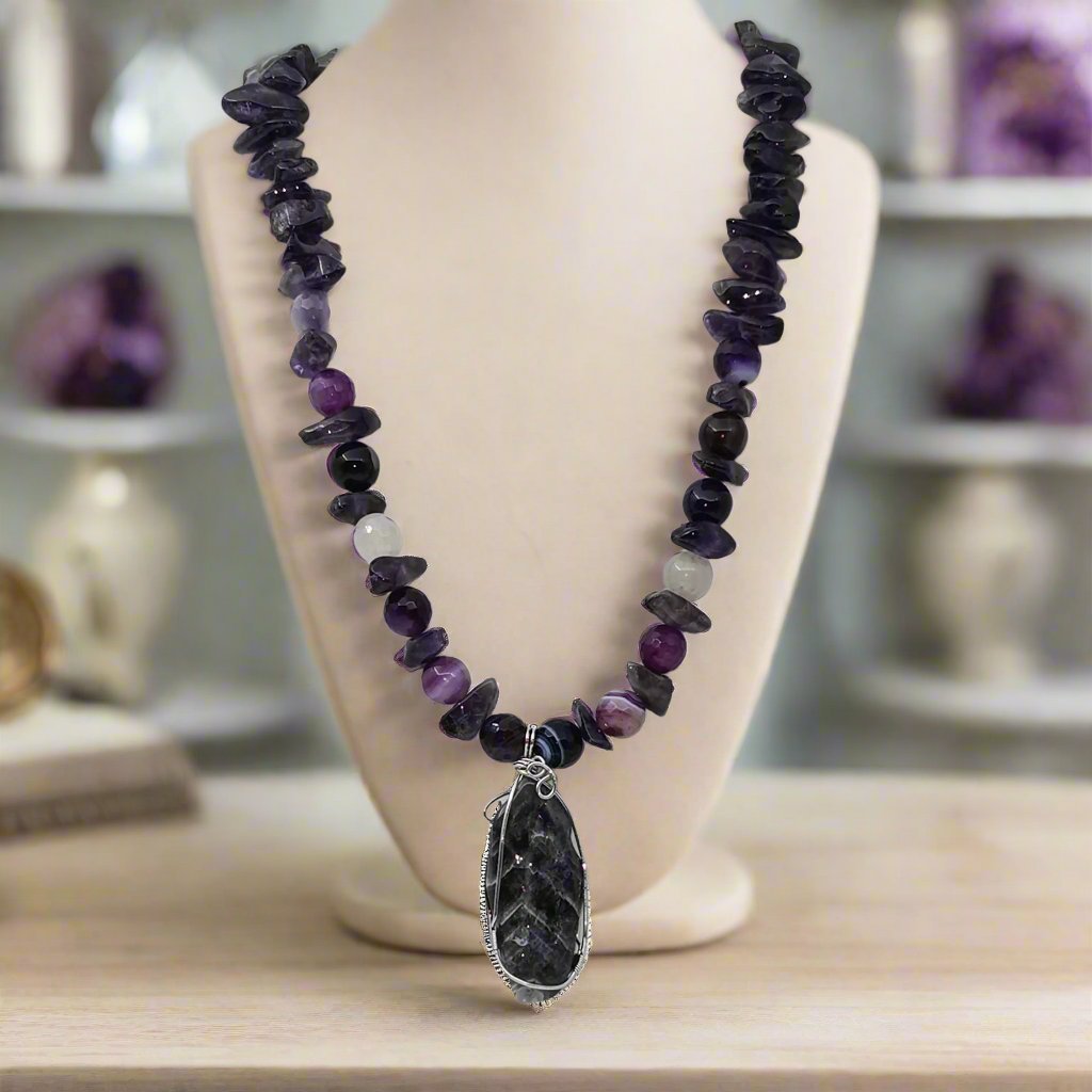 Amethyst And Purple Agate Necklace With Amethyst Pendant - Strings Handmade