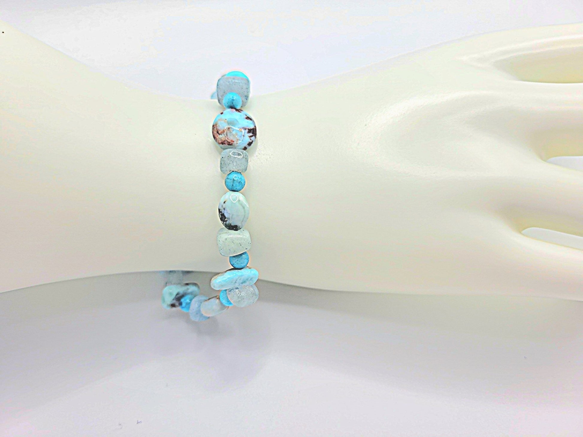 Aquamarine, Larimar, And Magnesite Stretch Bracelet - Strings Handmade