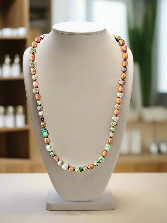 Bronze And Green Pearl Necklace - Strings Handmade