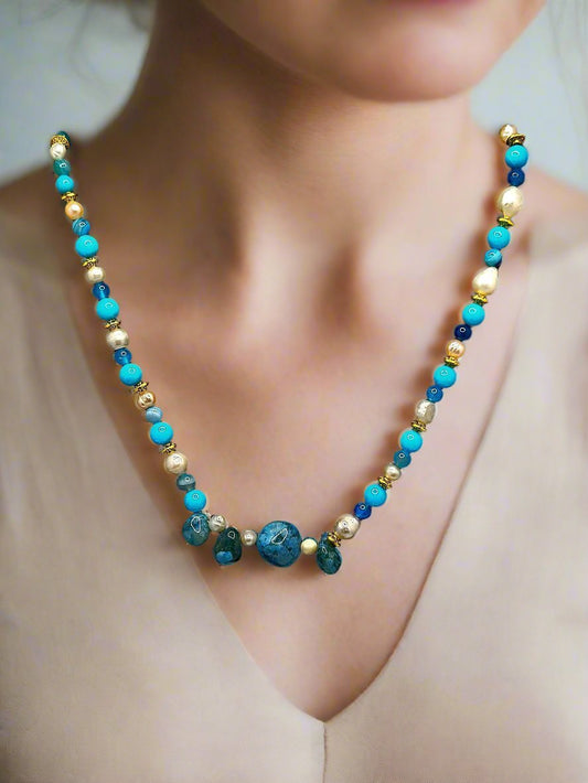 Elegant Pearl And Apatite Necklace For Women - Strings Handmade