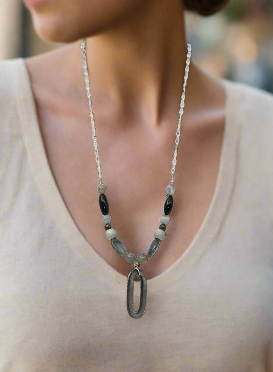 Grey Agate And Black Onyx Necklace With Pendant - Strings Handmade