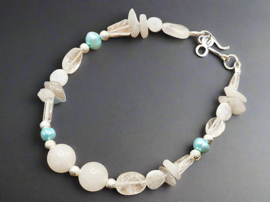 White Agate, Clear Quartz, And Pearl Bracelet