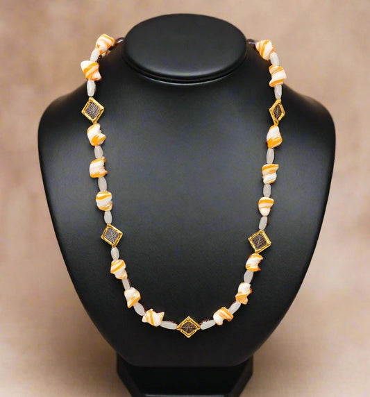 Orange Glass Beads And White Agate Necklace - Strings Handmade